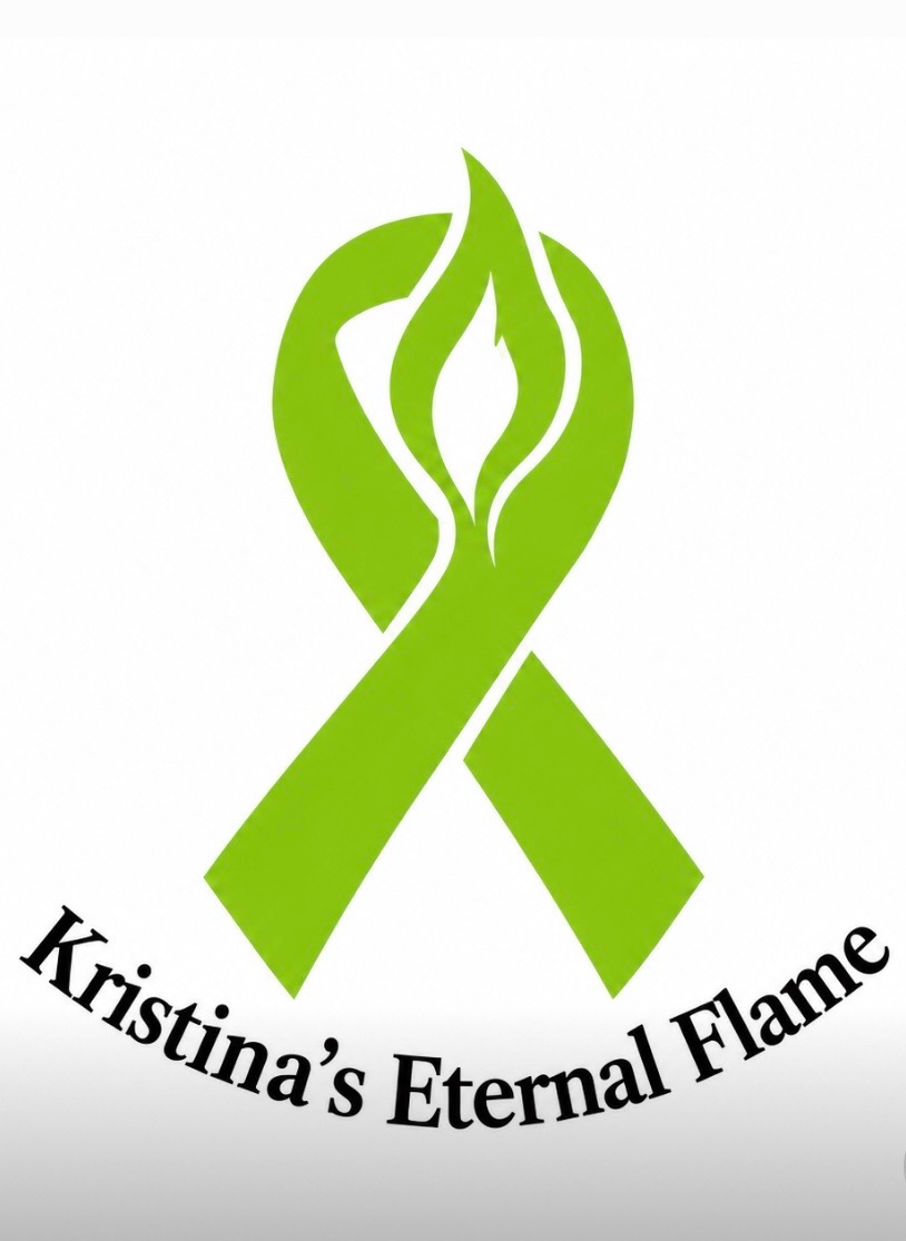 Chelo’s Kristina’s Eternal Flame logo: a bright green awareness ribbon surrounding a flame